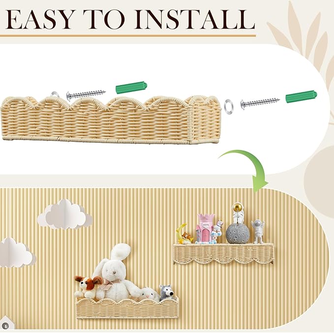 Pinkunn 3 Set Nursery Book Shelves Scalloped Rattan Wall Shelf 15.8 x 3.2 Inch Wall Mounted Plastic Floating Book Shelve, Hanging Boho Wicker Woven Shelf for Nursery Decor and Storage (Boho Beige)