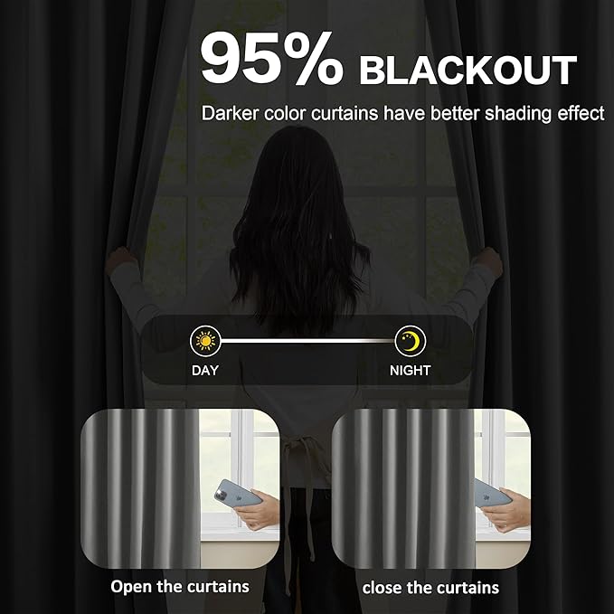 Pinch Pleated Blackout Curtains 96 Inches Long Modern Lush Decor Window Covering Soundproof Drape Panel for Bedroom Light Blocking Room Darkening Drape/Drapery for Nursery Room, Grey