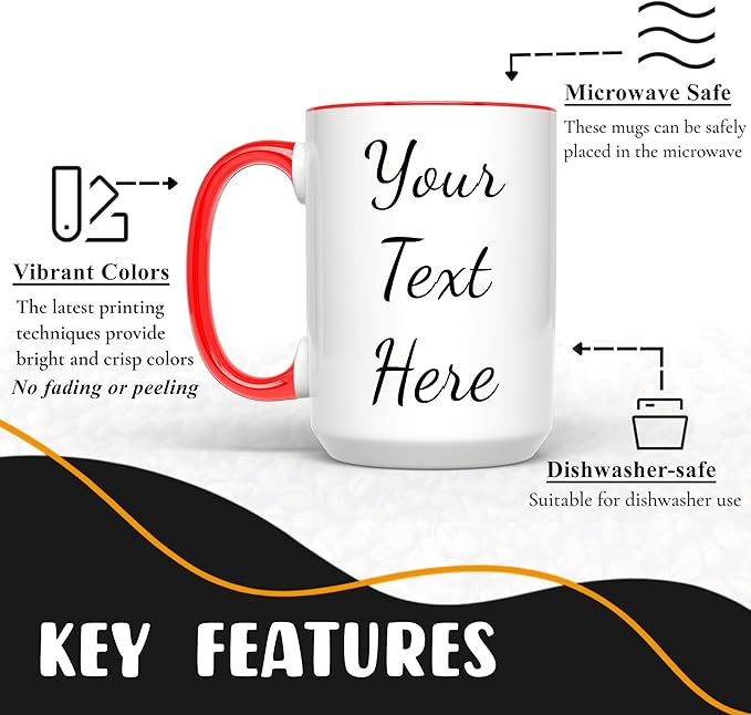 Personalized Coffee Mug 15 Oz, Custom Picture Text or Logo Ceramic Mug, Customized Gift for Men & Women, Taza Personalizada with Photo and Words, Customizable Large Tea Cup | White - Red