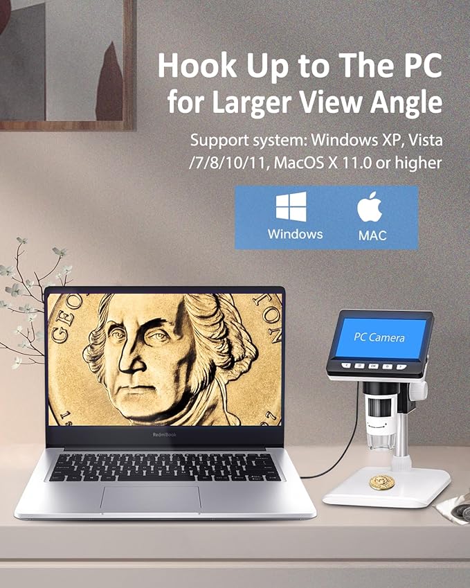 Coin Microscope - 4.3" LCD Digital Microscope 1000X, 1080P USB Coin Magnifier for Error Coins with 8 Adjustable LED Lights, PC View, Compatible with MacOS Windows