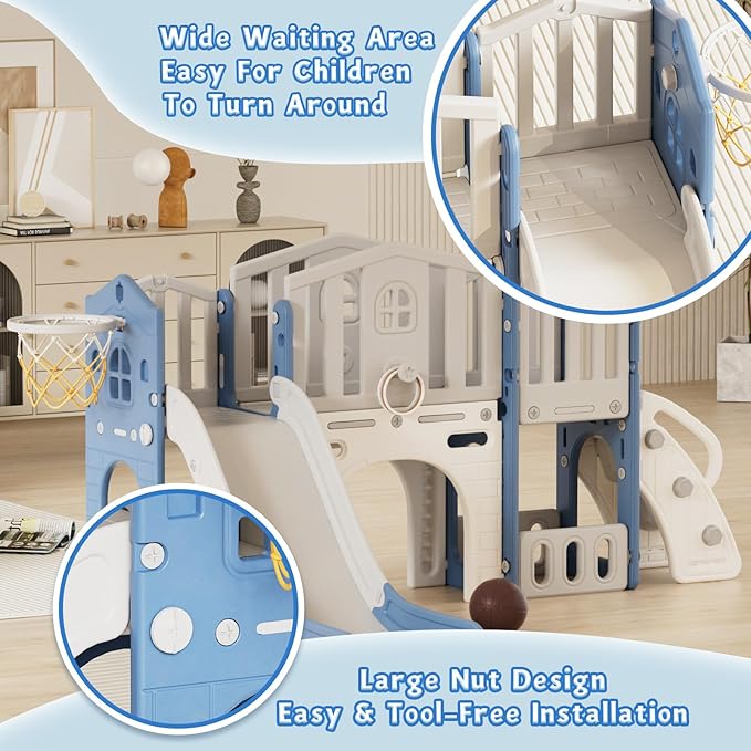 XJD 9 in 1 Toddler Slide Set, Kids Slide for Toddlers Age 1+, Toddler Climber Slide PlaySet with Basketball Hoop and Ball,Outdoor Indoor Playground for Toddlers 1-3 (Blue)