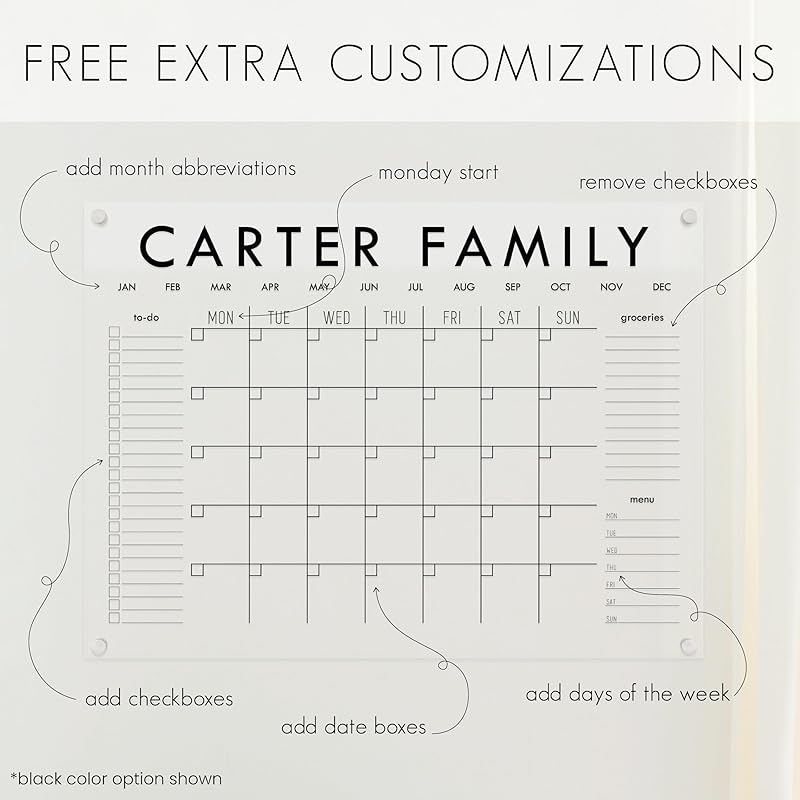 Personalized Clear Acrylic Calendar for Wall, Calendar Whiteboard for Wall, Dry Erase Wall Calendar, Wall Calendar Organizer System for Home (Block, Black, 23"W x18.5"H)