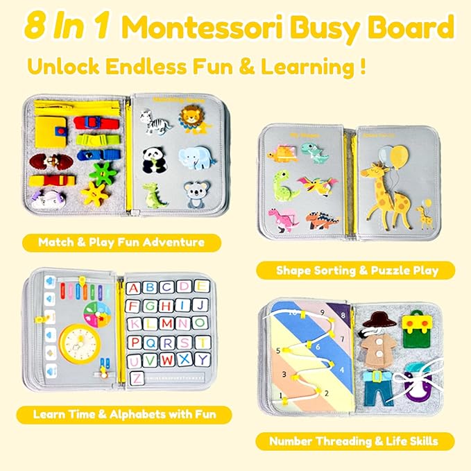 Qizfun Busy Board Book Montessori Toys for 1 2 3 4 Year Old, Boy Girl Birthday Gifts, Educational Sensory Learning Toys for Toddlers 1-3, Car Airplane Travel Activities Toys for Kids Ages 2-4 Year Old