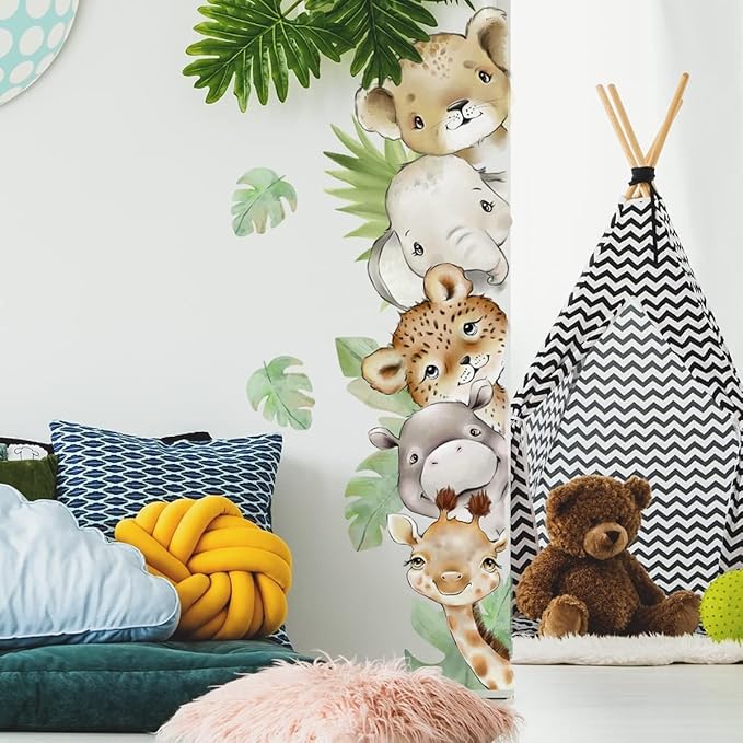 55.1 x 15.7 Inch Watercolor Jungle Animal Wall Decals - Forest Animal Sticker With Elephant, Tiger, Giraffe for Baby Nursery, Playroom, Bedroom, Classroom, Kindergarten Decor