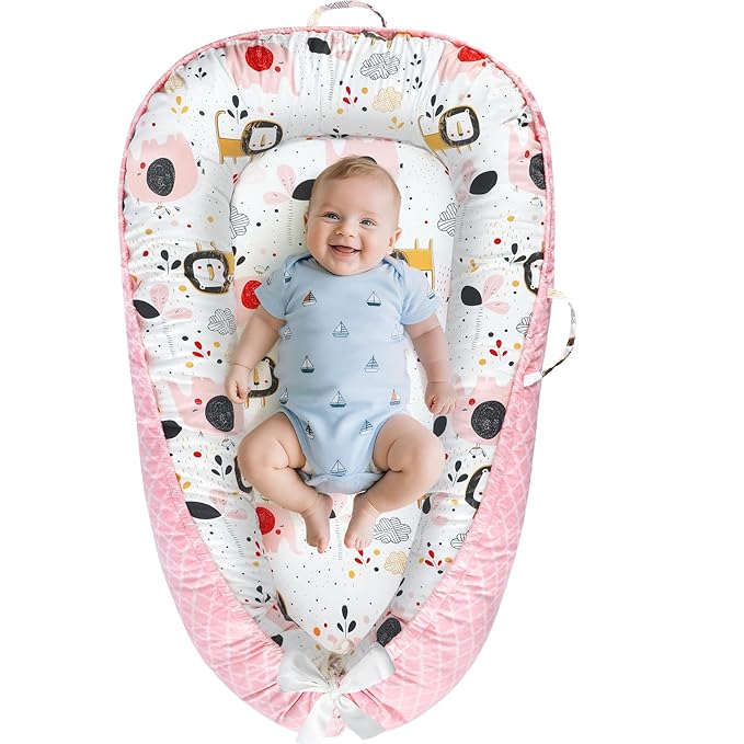 Baby Lounger - Baby Lounger for Newborn 0-24 Months, Breathable and Soft Cotton Cover Baby Nest, Portable Cozy Tummy Time Lounger for Home and Travel, Ideal Baby Essentials & Shower Gifts