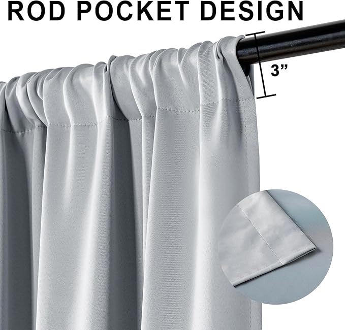 XWZO Full Shading Blackout Curtains 72 Inches Length - Heat and Light Blocking Rod Pocket Window Drapes with Black Liner Backing for Bedroom Sewn with Tiebacks, Light Grey, W52 x L72, Set of 2