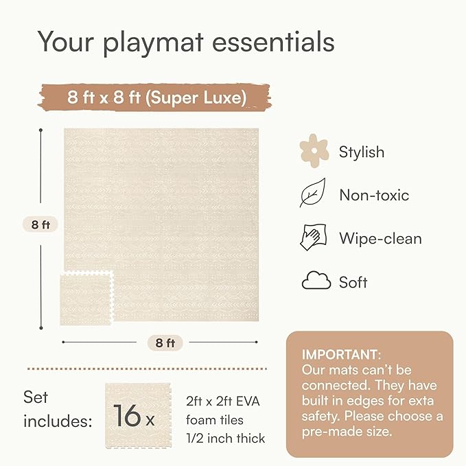 Lillefolk Baby Foam Play Mat - Baby Playmat | Tiles Interlocking Mat - Foam Baby Mat for Babies & Toddlers - Non Toxic Play Mat for Baby Tummy Time Mat Super Luxe Size 8x8 ft (16 Tiles), Beige