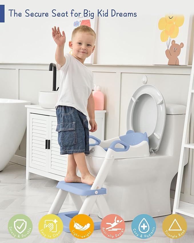 Forbena Boys Potty Training Seat with Step Stool Ladder, Toilet Potty Seat for Baby Boy Toddlers, Kids Chair Stairs with Handles and Soft Cushion (White and Blue)