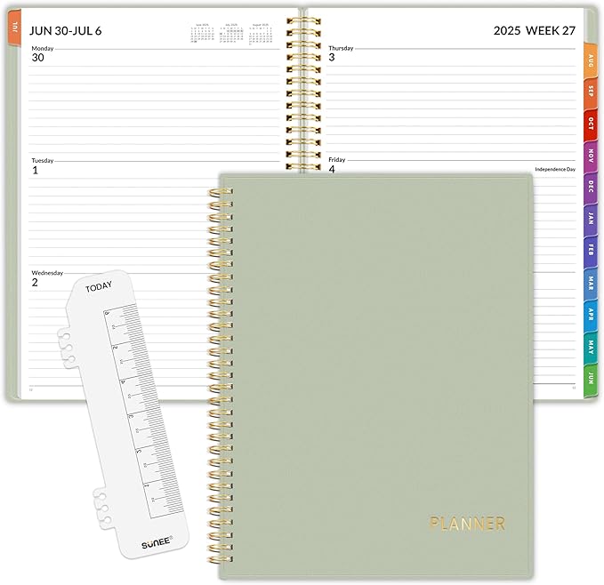 SUNEE Academic Planner 2025-2026 Weekly and Monthly, July 2025-June 2026, 8.5"x11", Tabs, Note Pages, Pockets, Bookmark, Flexible Cover, Spiral Binding, Sage Green