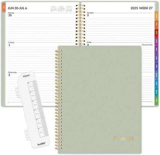 SUNEE Academic Planner 2025-2026 Weekly and Monthly, July 2025-June 2026, 8.5"x11", Tabs, Note Pages, Pockets, Bookmark, Flexible Cover, Spiral Binding, Sage Green