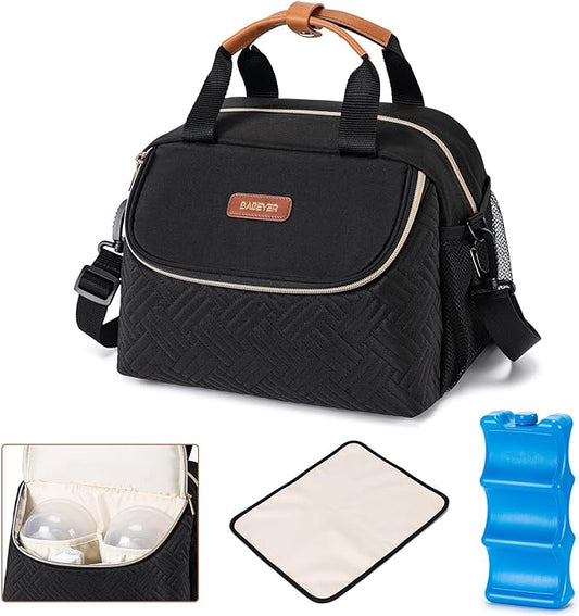 Breastmilk Cooler Bag with Ice Pack Fits 6 Baby Bottles up to 9 Ounce, Wearable Breast Pumps Cooler Bag for Nursing Mom Daycare, Work, Travel- Black