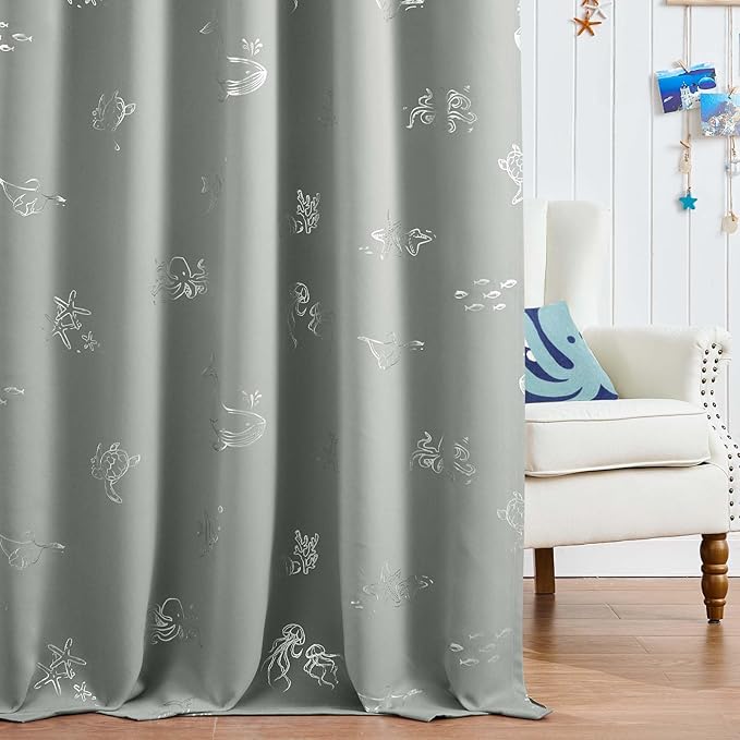 Vangao Kids Curtains for Boys Bedroom Kids Blackout Curtains 84 Inch Length Ocean Aquarium Nursery Drapes for Girls Bedroom Silver Sea Animals Print Thermal Insulated Drapes, Grey 2 Panels
