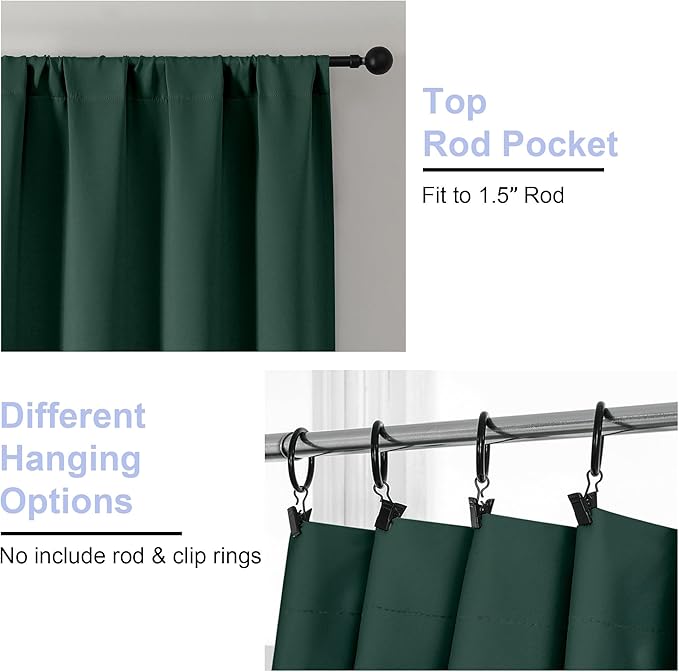 Simplebrand Ava Ever Green Short 36 Inches Blackout Curtain 2 Panels Set, Half Window Rod Pocket Privacy Curtain Tiers for Kitchen, Curtains Blackout for Bathroom Shades, W40 x L36 Inch, Ever Green