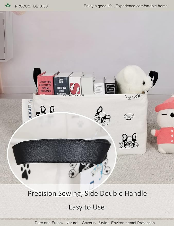 Rectangular Fabric storage box, decorative basket and finishing basket with handle are used for the storage of clothes, books and sundries (Bulldog) 14.9’’L ×10.2’’W×9.05’’H inches