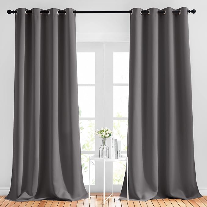 NICETOWN Bedroom Grey Blackout 120 inch Curtains - Triple Weave Energy Saving Thermal Insulated Solid Grommet Blackout Draperies for Patio, W52 x L120, 2 Panels