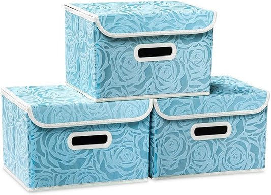 PRANDOM Collapsible Storage Boxes with Lids Fabric Decorative Storage Bins Cubes Organizer Containers Baskets with Cover Handles Divider for Bedroom Closet Living Room 9.8x7.9x6.7 Inch 3 Pack