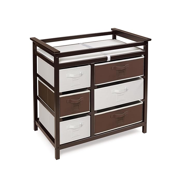 Badger Basket Modern Baby Changing Table with 6 Storage Drawers and Pad, Diaper Change Station - Espresso
