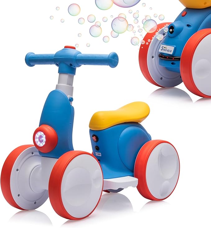 6V Electric Baby Balance Bike with Bubble Machine,4 in 1 Toddler Balance Bike w/Remote for 1 Year Old Boys Girls Kids Bubble Bike Ride on Toys w/Powered Motor,Music,LED Lights (Blue&Red)