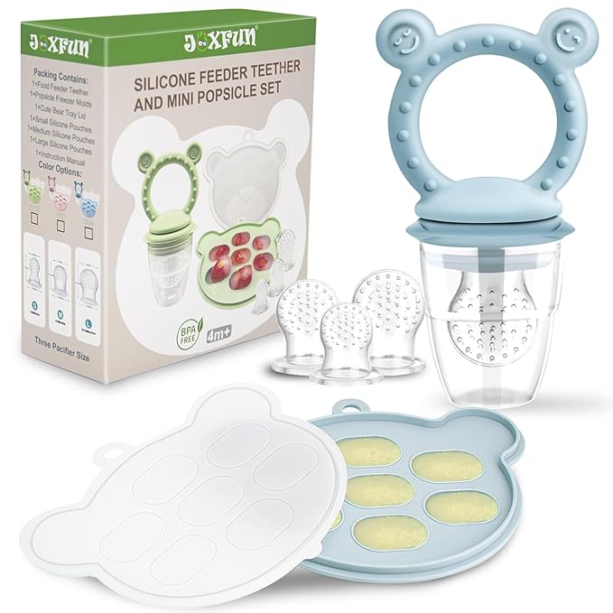 JEXFUN Silicone Baby Fruit Food Feeder Pacifier & Breastmilk Popsicle Freezer Molds for Cooling Relief, BPA Free Silicone Feeder to Safely Introduce New Foods, Double as Teething Toys, 4 Month+