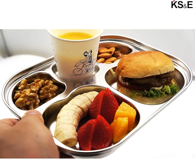 Korean Stainless Steel Divided Plates by KS&E, Little Kids Toddlers Babies small Tray, BPA Free, Diet Food Control, Compact Serving Platter, Snack, 5 Compartment Plate Silver, Set of 2