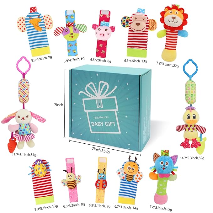 Baby Rattles & Socks - Wrist & Ankle Rattle Toys, Hanging Rattle, Activity Gift for Infants (12 B)
