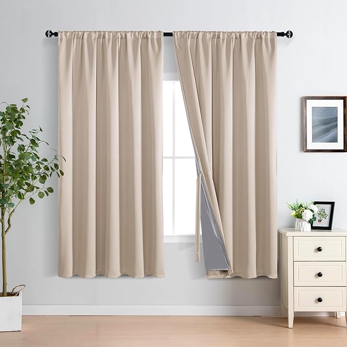XWZO 100% Blackout Curtains 2 Panels Set, Rod Pocket Thermal Insulated Black Liner, Noise Reducing and Heat Blocking Drapes for Bedroom and Studio Windows with Tiebacks, Biscotti Beige, W70 x L63