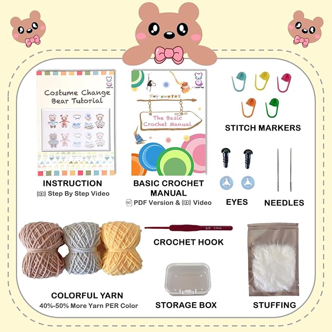 LoopMap Crochet Kit for Beginners - DIY Amigurumi Bear with Removable Dress & Accessories, Step-by-Step Video Tutorials, Extra Yarn, Crochet Tools, Handmade Gift for Kids & Adults(Bear-Yellow)