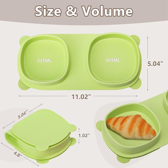 Silicone Foldable Novelty Dinner Plates,Suction Plates for Baby Travel Essential with Forks and Spoons,Microwave & Dishwasher Safe,Green