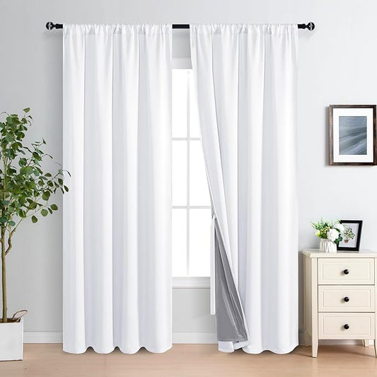 XWZO Total Blackout Curtains 84 Inches Long - Double Layer Full Room Darkening & Energy Efficiency Rod Pocket Extra Wide Window Panels with Tiebacks, White, W60 x L84, Set of 2