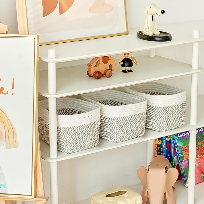 Small Cotton Rope Storage Basket Set of 3-11"x7"x7" Perfect Woven Baskets for Storage, Ideal Storage Baskets for Organizing Toys, Towels, and More - Baskets for Shelves（White & Mixed Grey）