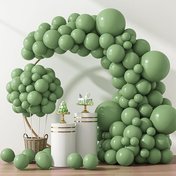 RUBFAC 129pcs Vintage Green Balloons Different Sizes 18 12 10 5 Inches Sage Green Latex Balloon Garland Arch for Masquerade Party Decorations Birthday Baby Shower Wedding Party Supplies