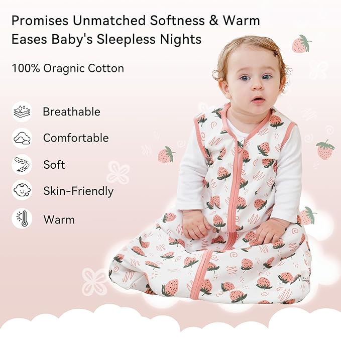 Baby Sleep Sack 0-6 Months 0.5 Tog Wearable Blanket Baby, 3 Pack 100% Cotton Lightweight Sleeping Sack with 2-Way Zipper for Newborn Infant Strawberry