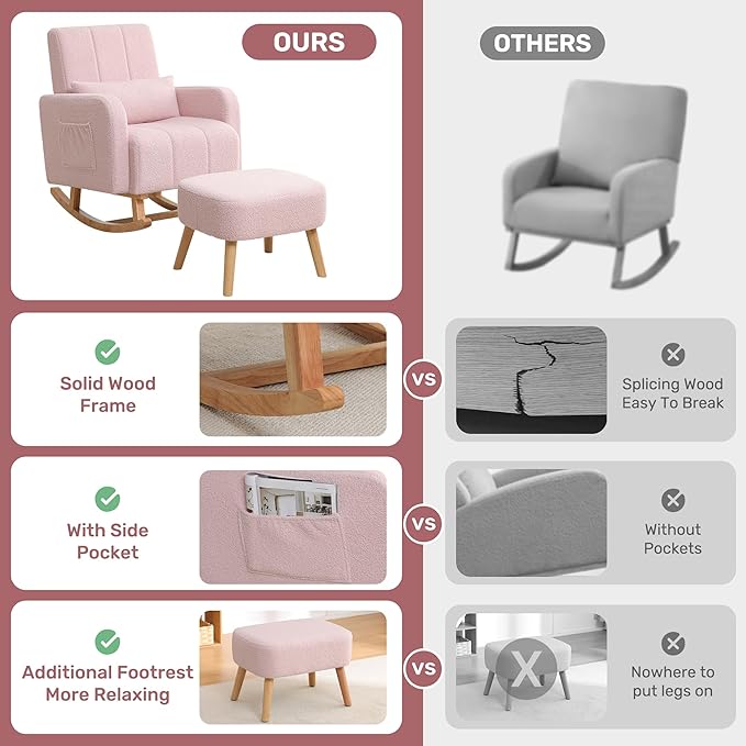 Rocking Chair with Ottoman, Upholstered Nursing Glider Rocker with High Backrest and Side Pocket, Comfy Reading Chair with Solid Wood Legs for Nursery/Living Room/Bedroom Pink