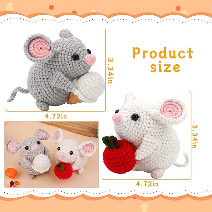 RUQKNO Crochet Kit for Beginners， 2 Pcs Hamster Amigurumi Crochet Animal Kit with Step-by-Step Video Tutorials, Easy-to-Learn Beginner Crochet Kit for Adults & Kids, All-in-One Craft Supplies