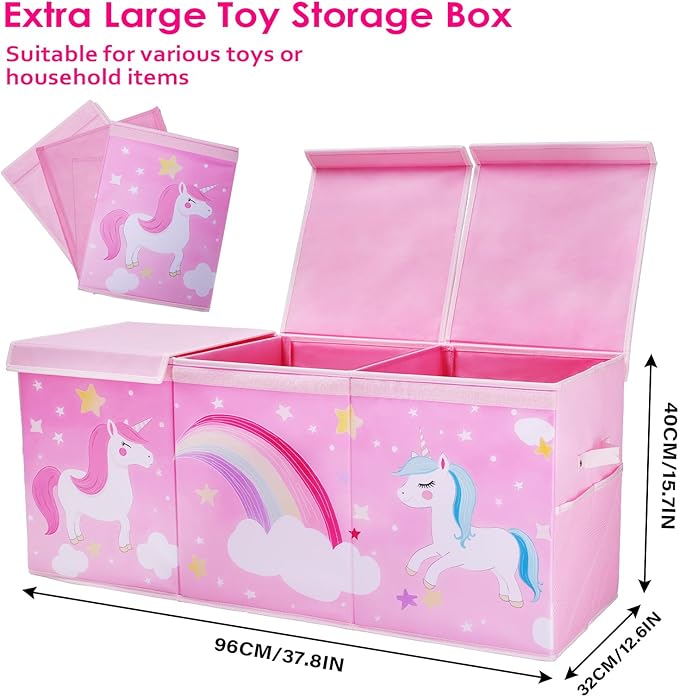 Unicorn Extra Large Toy Box Chest with Flip Lid for Kids, Collapsible Oxford Toy Storage Box with Handles Mesh Pockets, Sturdy Waterproof Toy Box for Bedroom Playroom, 37.7×12.5×15.7 Inch