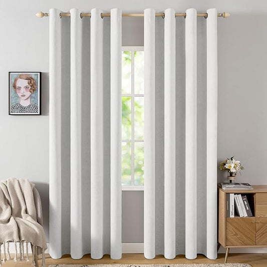 MIULEE 100% Blackout Linen Textured Curtains for Bedroom Solid Thermal Insulated Heathered White Grommet Room Darkening Curtains & Drapes Luxury Decor for Living Room Nursery 52 x 96 Inch (2 Panels)