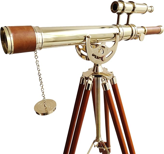 Vintage Maritime Anchor Master Telescope Shiny Brass Adjustable Wooden Tripod Royal Educational Telescopes Double Barrel Brown Leather Nautical Home Decor & Office