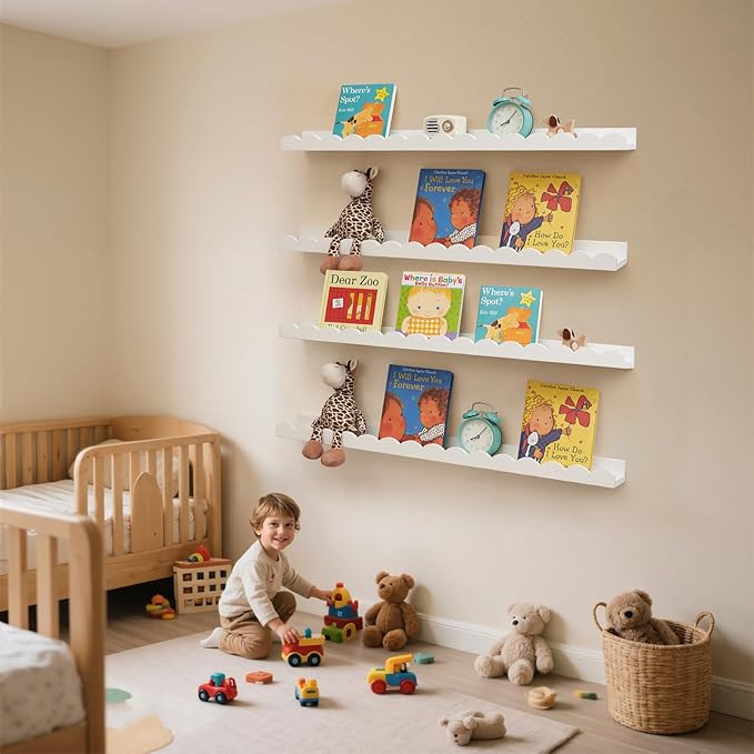 Nursery Book Shelves, Scalloped Floating Shelves Set of 2 Solid Pine Wood Wall Mounted Bookshelf with Wave Lip for Bedroom Kids, Toddler Room, Baby Room White 36inch