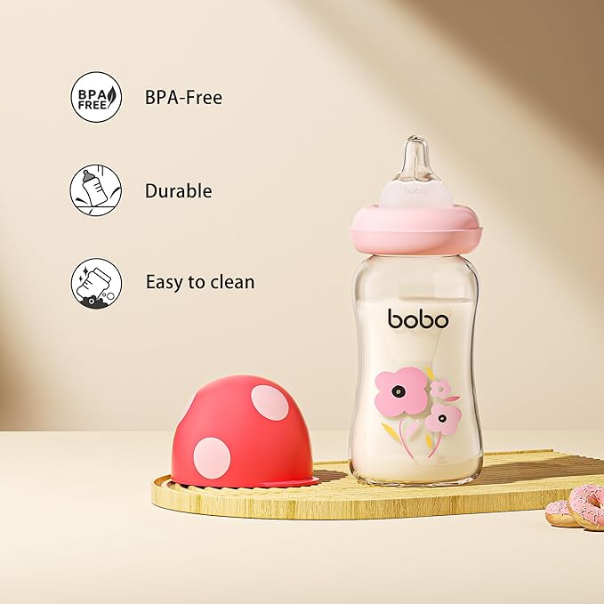 YOHKOH Natural Glass Baby Bottle with Natural Response Nipple, Newborn Anti-Colic Baby Bottles, Wide Neck Mushroom Cap Baby Bottle, Clear ((5.4oz (Pack of 4), Multicolour)