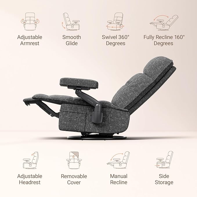 Nursery Swivel Glider Recliner Chair with Adjustable Armrests & Headrest, Rocking Chair Nursery with Removable Cover for Breastfeeding, FSC & Oeko-TEX Certified, Black