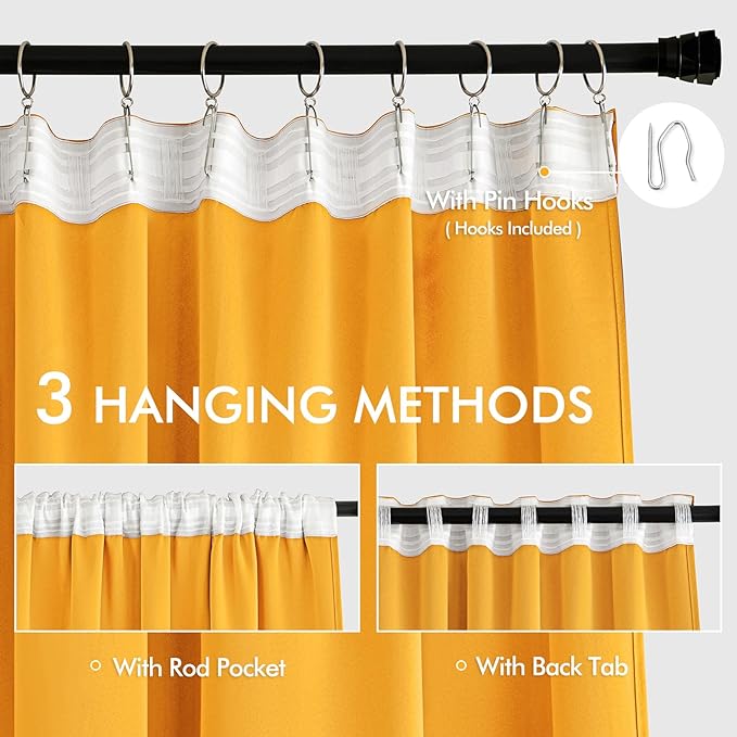 MIULEE Yellow Back Tab Blackout Curtains 90 Inches Long 2 Panels Set for Living Room Bedroom Privacy, Rod Pocket/Pinch Pleat Thermal Insulated Room Darkening Pleated Light Blocking Drapes