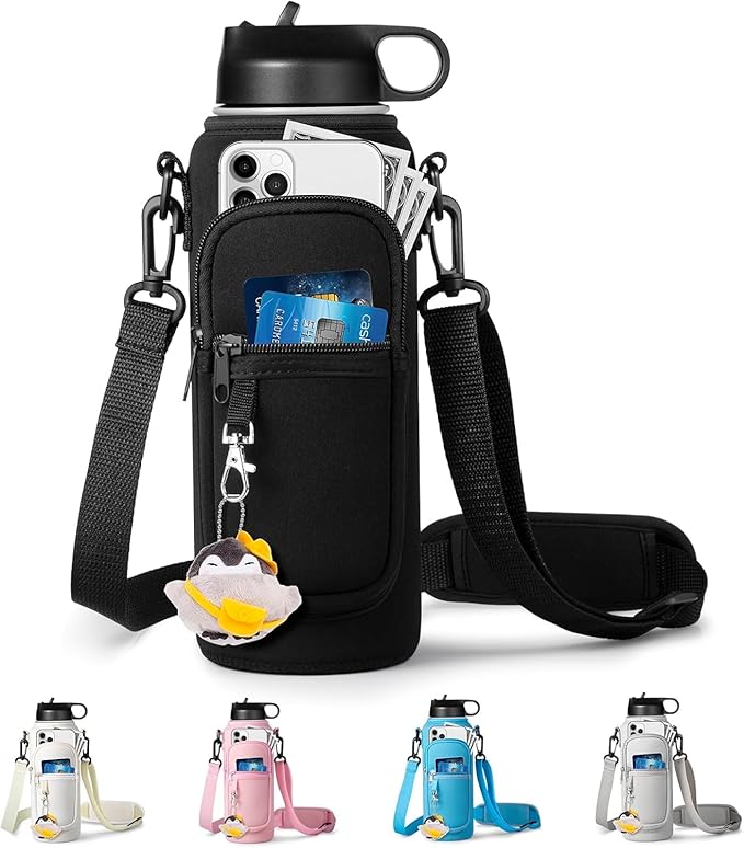 Water Bottle Holder with Strap for Hydroflask 32oz 40oz, Carrier Sling Bag with Phone Pocket Sleeve for Men Women Hiking Camping Travelling