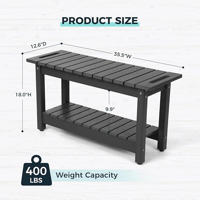 35" Shower Bench, Waterproof Poly Lumber Shower Stool for Shaving Legs, Shower Chair Seat Holds up to 400lbs, Bathroom Bench for Inside Shower, Non-Slip (Grey)