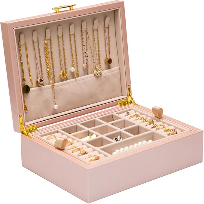 2-layer jewelry box，Jewelry Organizer with Handle，with hanging necklace hooks, detachable jewelry trays, suitable for storing a large amount of jewelry gift box (rose gold)