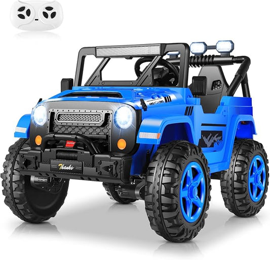 Hikole 24V Kids Ride on Car - 2 Seater, 4WD/2WD Switch, 4x200W Motor, Remote Control, 3 Speeds, LED Lights, Safety Belt, Off-Road Electric Vehicles for Boys Girls, Blue