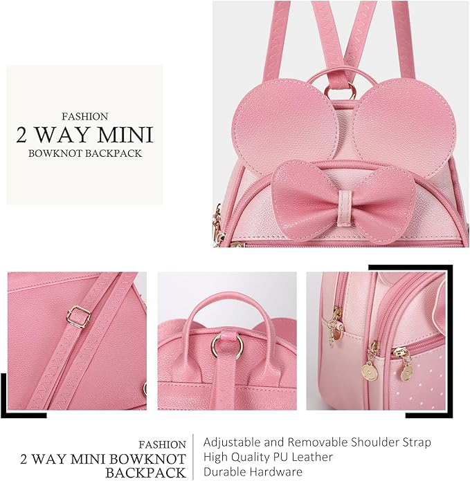 KL928 Girls Bowknot Polka Dot Cute Mini Backpack Small Daypacks Convertible Shoulder Bag Purse for Women