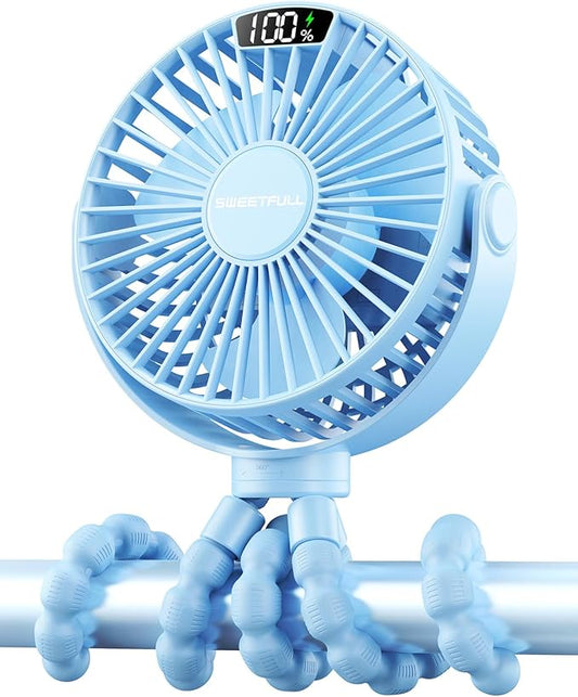 SWEETFULL Portable Stroller Fan with Display 4000mAh Battery Powered Mini Clip On Fan, 4-Speed Rechargeable Small Personal Cooling for Baby Car Seat Crib Travel - Blue