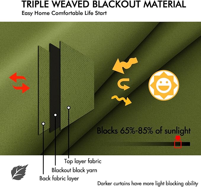 ANRODUO Back Tab Blackout Curtains for Bedroom Living Room, Rod Pocket Pinch Pleated Thermal Insulated Room Darkening Curtains 72 Inches Long 2 Panels, Olive Green, 42 x 72 Inch