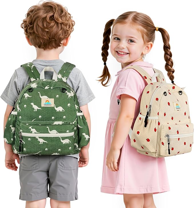 STEAMEDBUN Corduroy Toddler Backpack for Boys 2-4: Kids backpack for Boys Girls - 12 inch Preschool Kindergarten Backpacks - Dinosaur