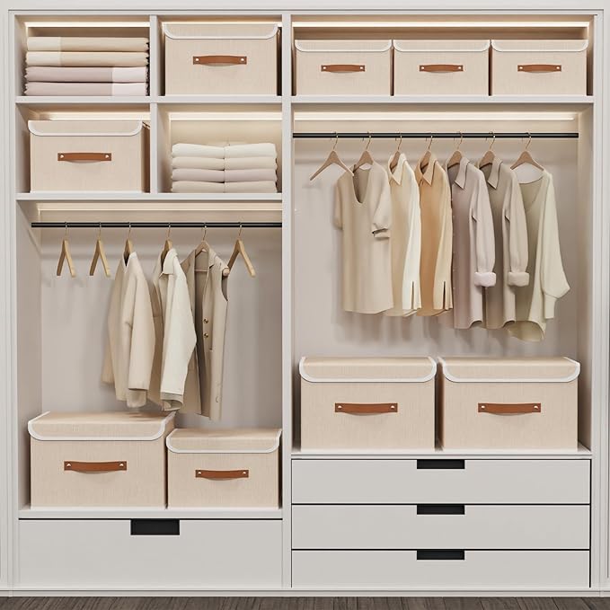 Yawinhe Collapsible Storage Boxes, Linen Fabric Baskets, Bin with lid and Leather Handle, Washable, for Home, Closet, Beige, 15.0''Lx9.8''Wx9.8''H, 1-Pack, USNK024BEL-1